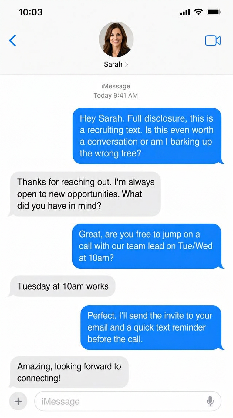 Text conversation where Betty discloses a recruiting text, earns a reply, and books a call with the team lead