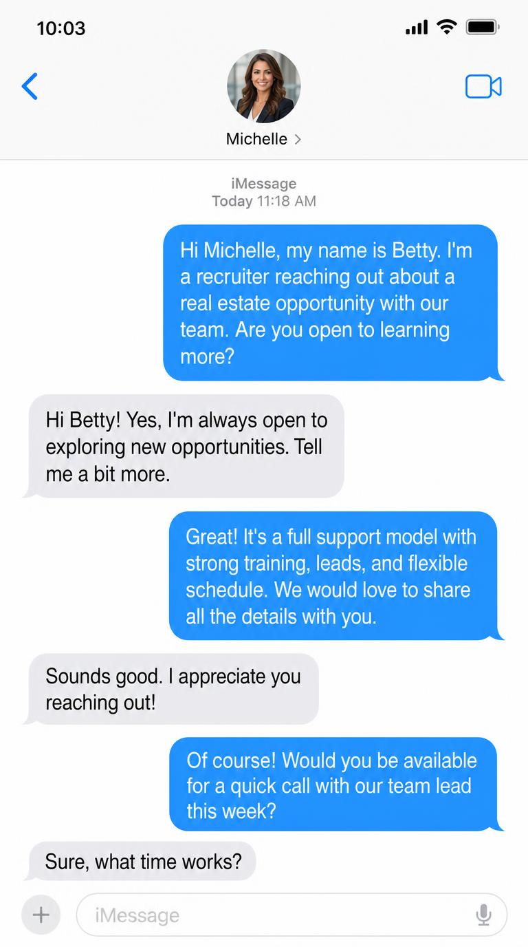 Text conversation where Betty introduces herself as a recruiter, shares the opportunity, and asks for a call