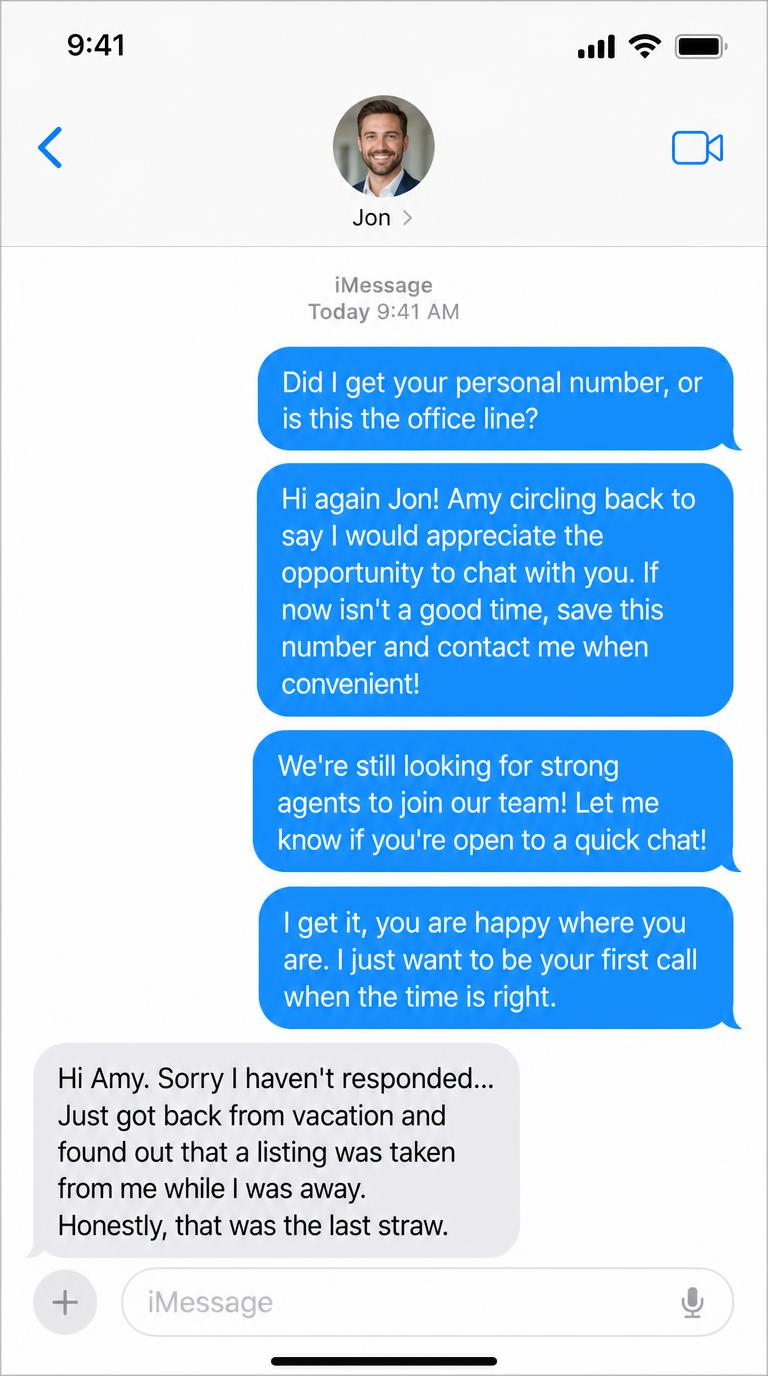 Text conversation showing patient follow-up ending with Jon ready to move after a listing was reassigned
